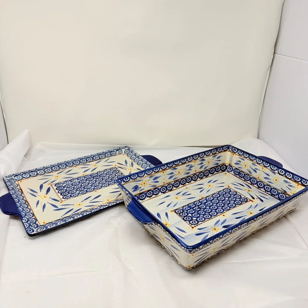 Temp-tations Old World Blue 13x9 4QT Ceramic Baker with Lid/Tray Set